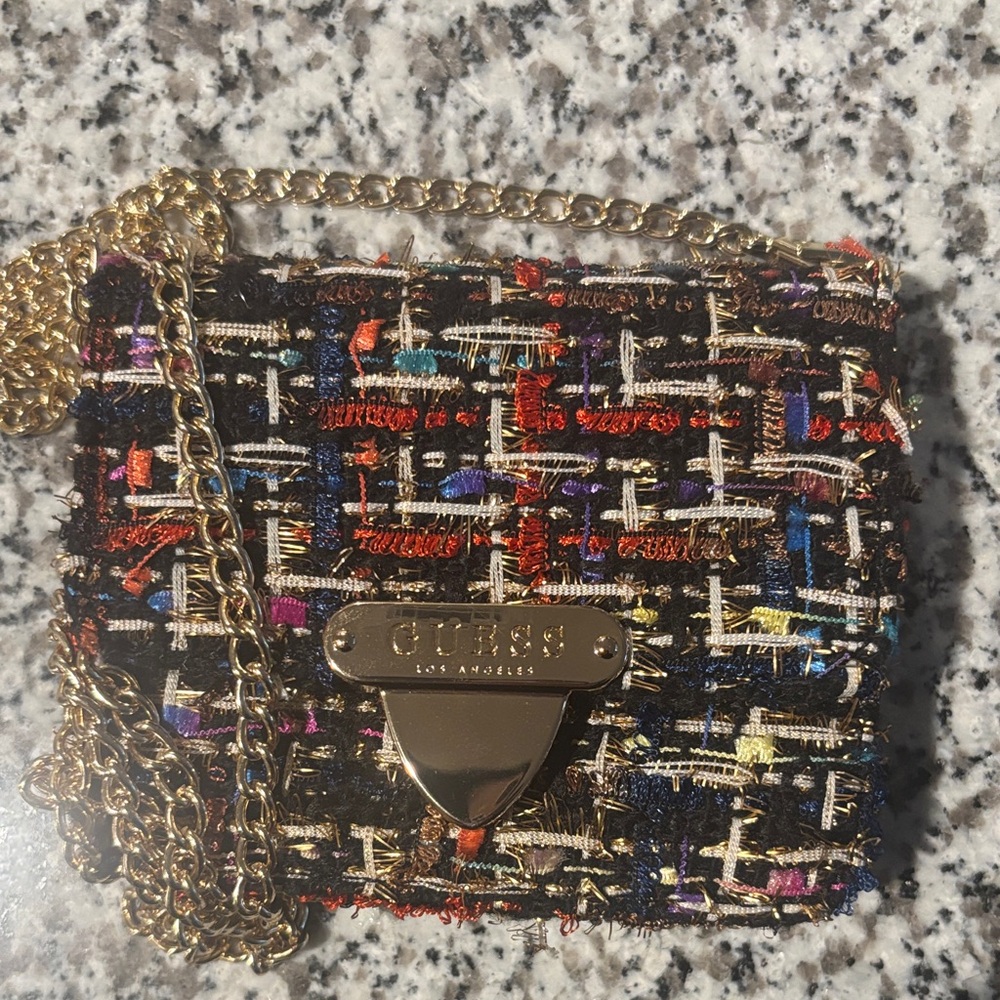 Guess Colorful Tweed Mini Bag with Gold Chain